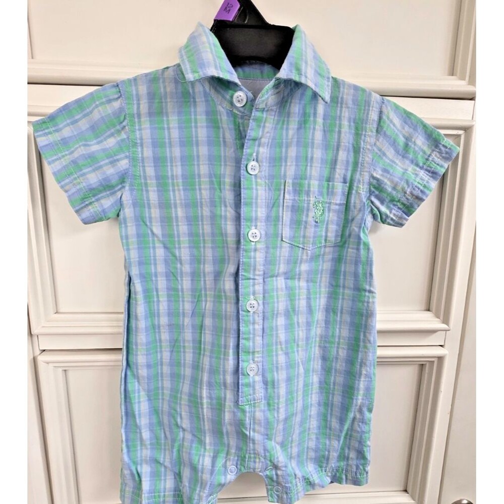 US Polo Assn Baby Boy One Piece Green &Blue Plaid Romper Shorts 6/9M